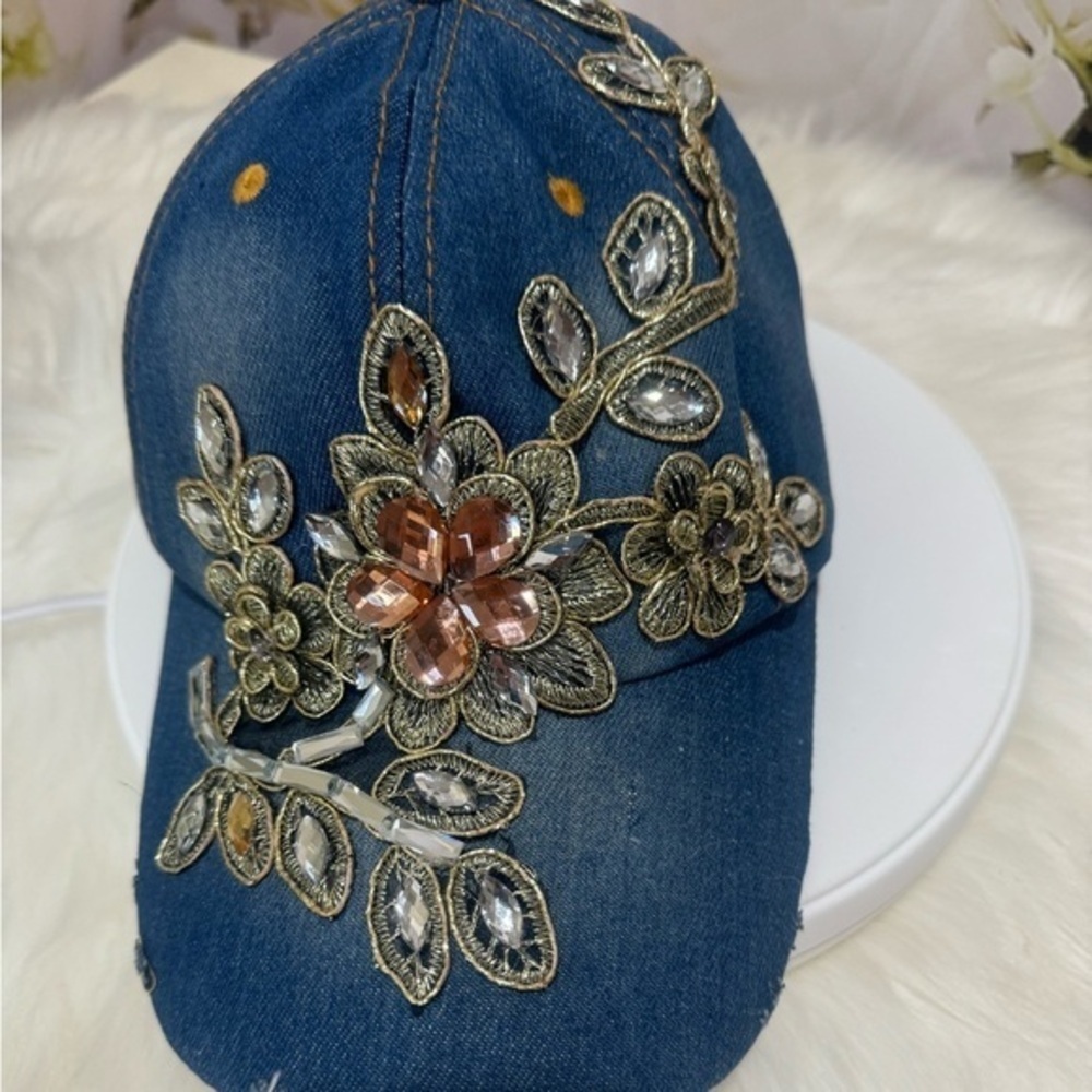 Denim Rhinestone Flower Cap